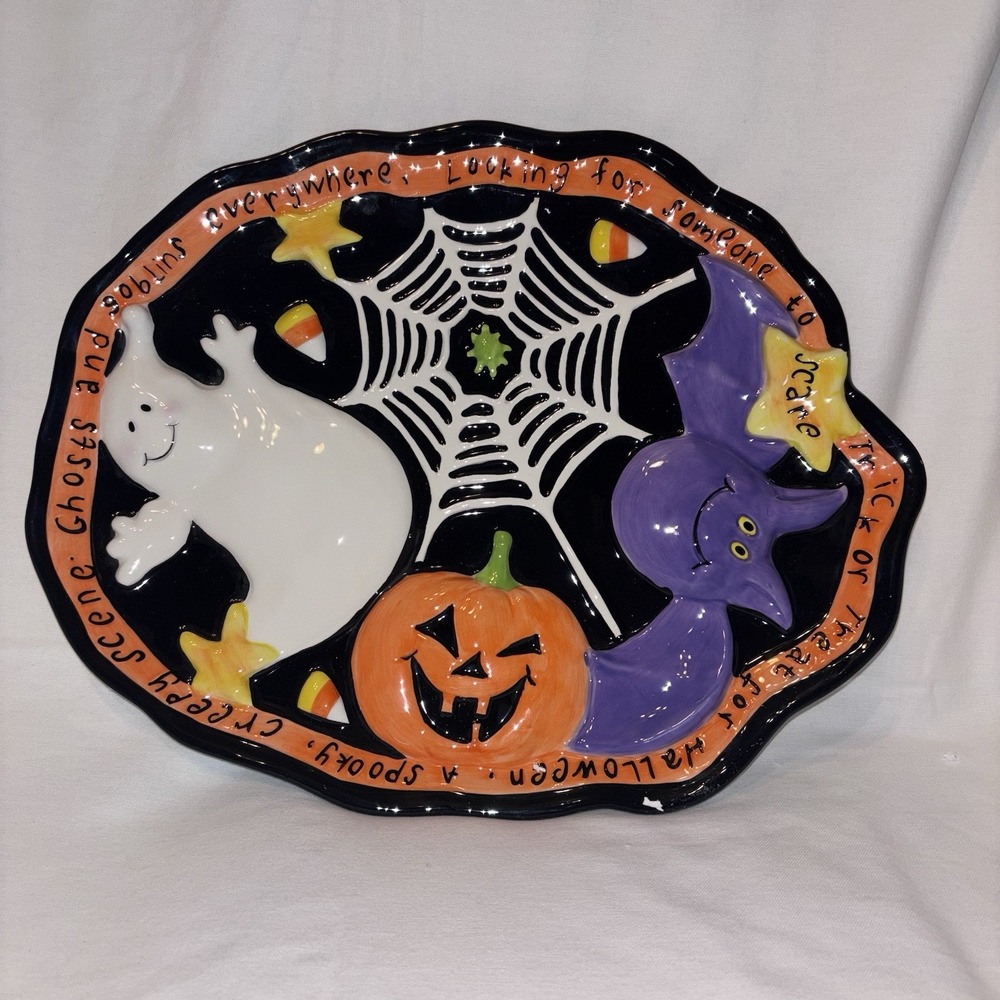 MWW Market Tim Coffey Halloween Ceramic Platter 14" Ghost Pumpkin Bat Spiderweb